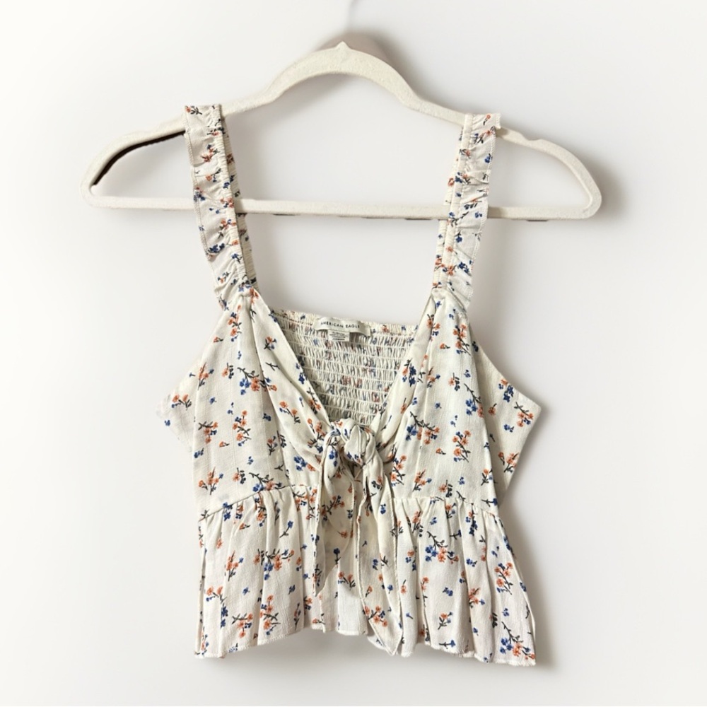 American Eagle Outfitters Floral Tank Top - Cream and Blue